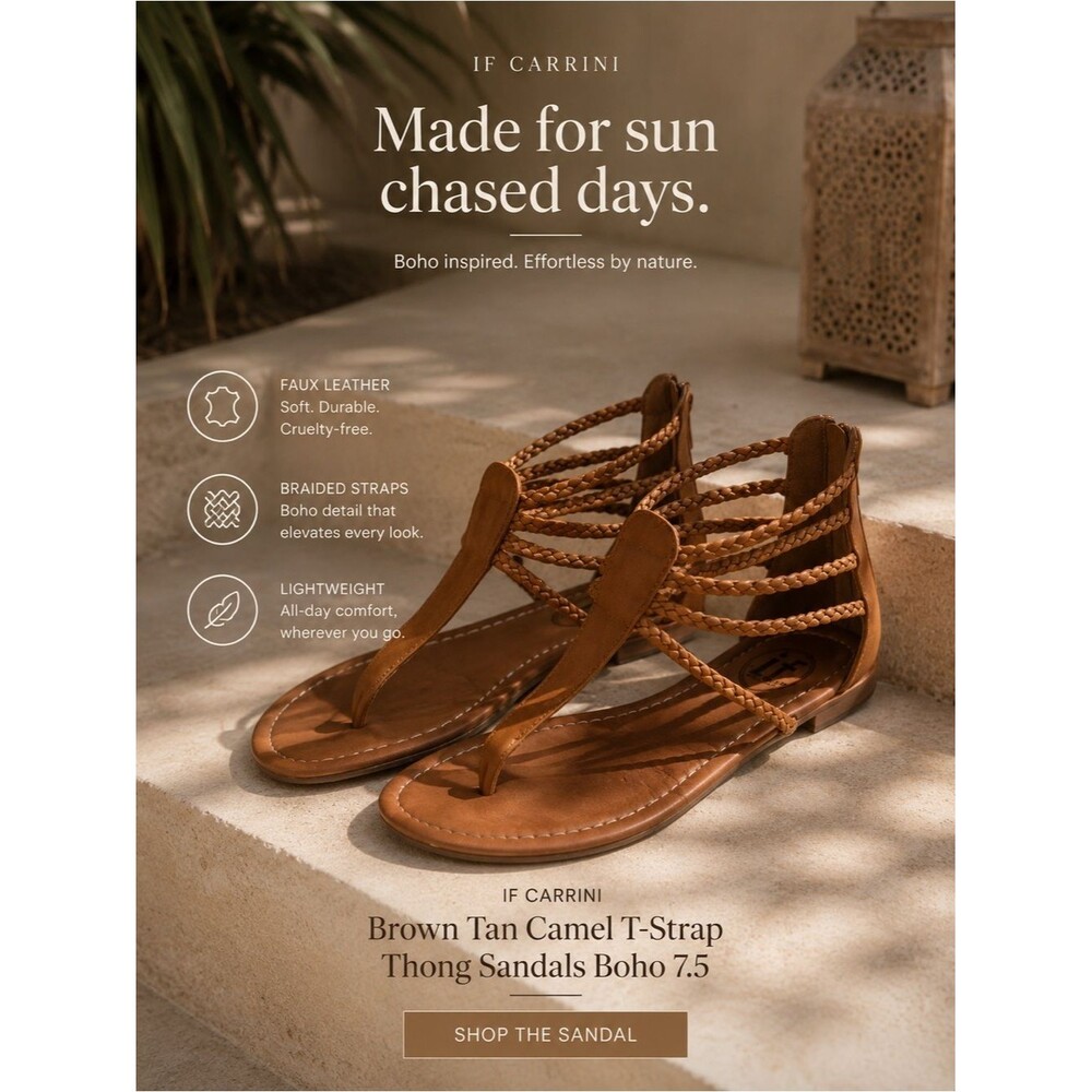 IF CARRINI Brown tan Camel Faux Leather Flat T-Strap Thong Sandals Boho 7.5
